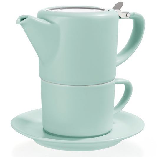 Tealyra T41 Juego de té para uno - Tetera pequeña de porcelana de 15 onzas líquidas - Taza de 8.5 onzas líquidas y platillo - Infusor extraíble